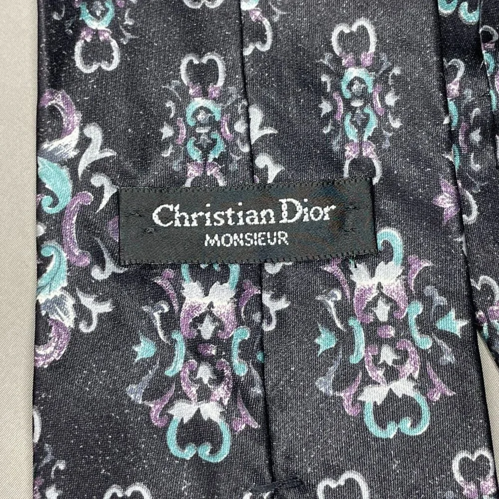 Christian Dior Monsieur Mens Tie black purple blue silk filigree floral designer